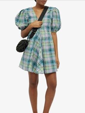 GANNI Babydoll Green Pink Seersucker Check V-Neck Mini Dress (Size EU 34/XS)